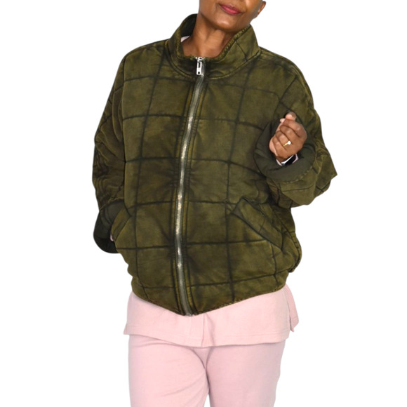 Free People Dolman Quilted Knit Jacket Green Olive Bomber Oversizes Cotton XS - Picture 13 of 16